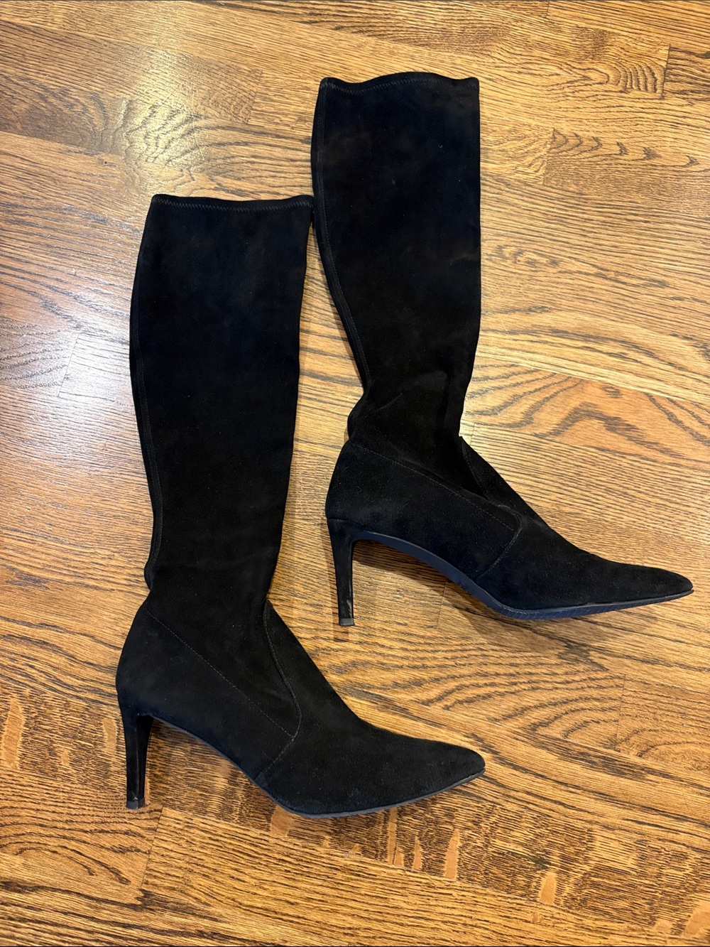 Stuart Weitzman Black Suede Knee-High pull on Pointed Toe Stiletto Boots, 38.5